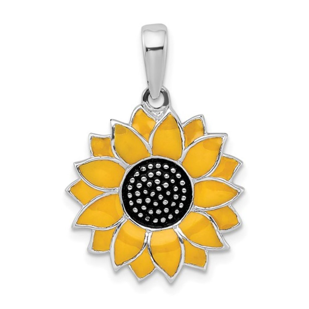 925 Sterling Silver Yellow Enamel Sunflower Charm Pendant Necklace w 18 in Chain - Picture 3 of 11